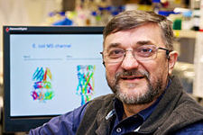 Boris Marinac, wearing glasses and short beard sitting in front of a computer screen displaying protein tertiary structure